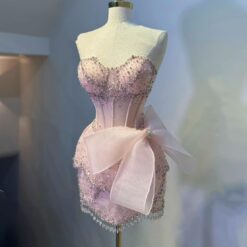 ชุดเดรส เกาะอก แต่งเพชร+โบว์ สีชมพู 2057 Size S