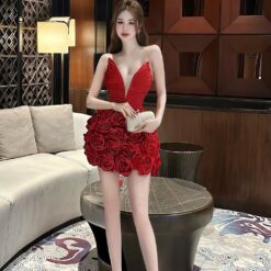 ชุดเดรส เกาะอก แต่งดอก สีแดง 2058 Size S