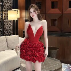 ชุดเดรส เกาะอก แต่งดอก สีแดง 2058 Size S