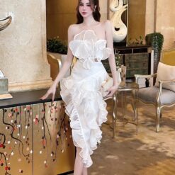 ชุดเซ็ท 2 ชิ้น เสื้อ+กระโปรง แต่งดอก สีขาว 4002 Size S