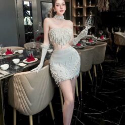 ชุดเซ็ท 2 ชิ้น เสื้อ+กระโปรง แต่งมุก สีเทา 4003 Size S