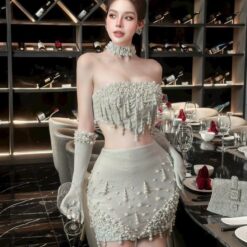 ชุดเซ็ท 2 ชิ้น เสื้อ+กระโปรง แต่งมุก สีเทา 4003 Size S