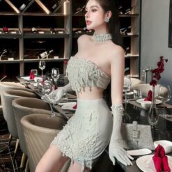 ชุดเซ็ท 2 ชิ้น เสื้อ+กระโปรง แต่งมุก สีเทา 4003 Size S