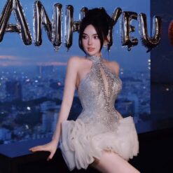 ชุดเดรส คล้องคอ แต่งเพชร+กลิตเตอร์ สีเงิน 2061 Size L