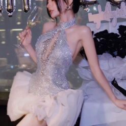 ชุดเดรส คล้องคอ แต่งเพชร+กลิตเตอร์ สีเงิน 2061 Size L