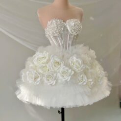 ชุดเดรส แต่งมุก+ดอก สีขาว 2062 Size M