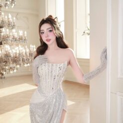 ชุดราตรียาว เกาะอก แต่งมุก+กลิตเตอร์ สีเงิน 3003 Size M-L