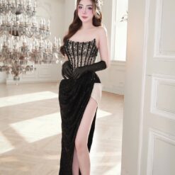 ชุดราตรียาว เกาะอก แต่งมุก+กลิตเตอร์ สีดำ 3004 Size S-M