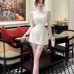 ชุดเดรส แต่งมุก แขนยาว สีขาว 2065 Size XL