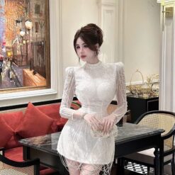 ชุดเดรส แต่งมุก แขนยาว สีขาว 2065 Size XL