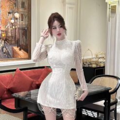 ชุดเดรส แต่งมุก แขนยาว สีขาว 2065 Size XL