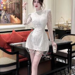 ชุดเดรส แต่งมุก แขนยาว สีขาว 2065 Size XL