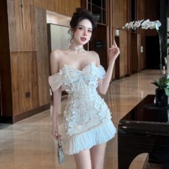 ชุดเดรส ปาดไหล่ แต่งดอก สีขาว-ครีม 2066 Size S