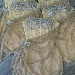 ชุดเดรส เกาะอก แต่งเพชร+กลิตเตอร์ สีครีม ทอง 2067 Size M