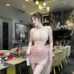 ชุดเดรส เกาะอก แต่งกลิตเตอร์ สีชมพู 2068 Size S