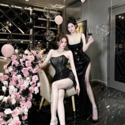 ชุดเดรส เกาะอก แต่งกลิตเตอร์ สีดำ 2069 Size M