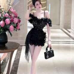 ชุดเดรส สายเดี่ยว ปาดไหล่ แต่งมุก+ดอก สีดำ 2071 Size M