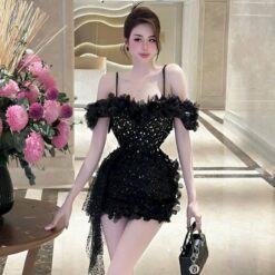 ชุดเดรส สายเดี่ยว ปาดไหล่ แต่งมุก+ดอก สีดำ 2071 Size M