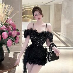 ชุดเดรส สายเดี่ยว ปาดไหล่ แต่งมุก+ดอก สีดำ 2071 Size M