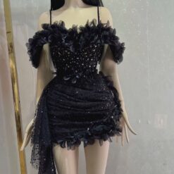 ชุดเดรส สายเดี่ยว ปาดไหล่ แต่งมุก+ดอก สีดำ 2071 Size M