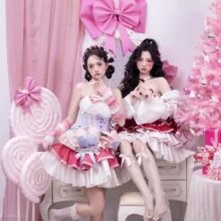 ชุดเดรส เกาะอก แต่งโบว์ สีชมพู-ฟ้า สีแดง 2072 Size S-M