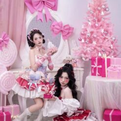 ชุดเดรส เกาะอก แต่งโบว์ สีชมพู-ฟ้า สีแดง 2072 Size S-M