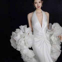 ชุดแต่งงาน ราตรียาว คล้องคอ สีขาว 3006 Size L-XL