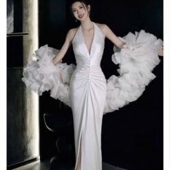 ชุดแต่งงาน ราตรียาว คล้องคอ สีขาว 3006 Size S