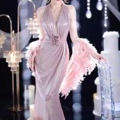 ชุดราตรียาว คล้องคอ แต่งดอก+ขน สีชมพู 3007 Size S