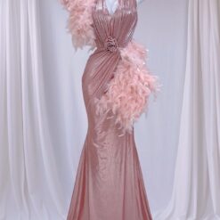 ชุดราตรียาว คล้องคอ แต่งดอก+ขน สีชมพู 3007 Size S