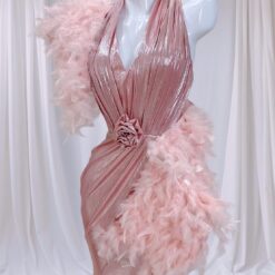 ชุดราตรียาว คล้องคอ แต่งดอก+ขน สีชมพู 3007 Size S