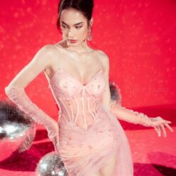 ชุดเดรส สายเดี่ยว แต่งมุก สีชมพู 2073 Size S