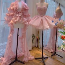 ชุดเดรส เกาะอก+ผ้าคลุม หางยาว สีชมพู 2077 Size M