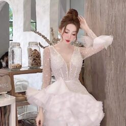 ชุดเดรส แต่งมุก แขนยาว สีขาว 2078 Size XXL