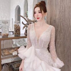 ชุดเดรส แต่งมุก แขนยาว สีขาว 2078 Size XXL