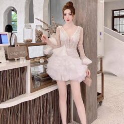 ชุดเดรส แต่งมุก แขนยาว สีขาว 2078 Size XXL