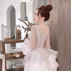 ชุดเดรส แต่งมุก แขนยาว สีขาว 2078 Size XXL