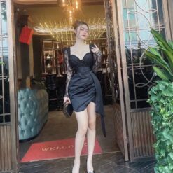 ชุดเดรส แต่งมุก+ลูกไม้ แขนยาว สีดำ 2080 Size XL