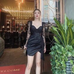 ชุดเดรส แต่งมุก+ลูกไม้ แขนยาว สีดำ 2080 Size XL