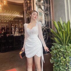 ชุดเดรส แต่งมุก+ลูกไม้ แขนยาว สีขาว 2079 Size XL