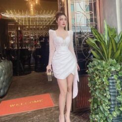 ชุดเดรส แต่งมุก+ลูกไม้ แขนยาว สีขาว 2079 Size XL