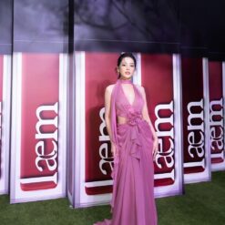 ชุดราตรียาว คล้องคอ แต่งดอก สีชมพู 3010 Size S