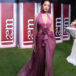 ชุดราตรียาว คล้องคอ แต่งดอก สีชมพู 3010 Size L