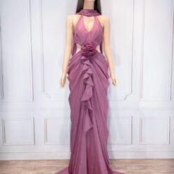 ชุดราตรียาว คล้องคอ แต่งดอก สีชมพู 3010 Size L