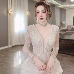 ชุดเดรส แต่งมุก ลายดอก แขนยาว 2081 Size XXL