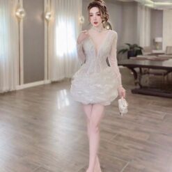 ชุดเดรส แต่งมุก ลายดอก แขนยาว 2081 Size XXL