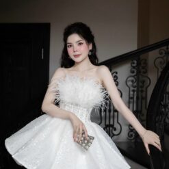 ชุดเดรส เกาะอก แต่งกลิตเตอร์+ขน สีขาว 2083 Size M