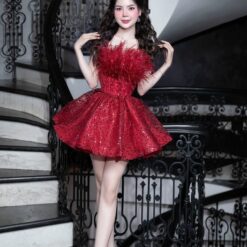 ชุดเดรส เกาะอก แต่งกลิตเตอร์+ขน สีแดง 2084 Size S-M