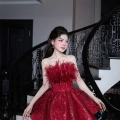 ชุดเดรส เกาะอก แต่งกลิตเตอร์+ขน สีแดง 2084 Size S-M