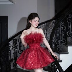ชุดเดรส เกาะอก แต่งกลิตเตอร์+ขน สีแดง 2084 Size S